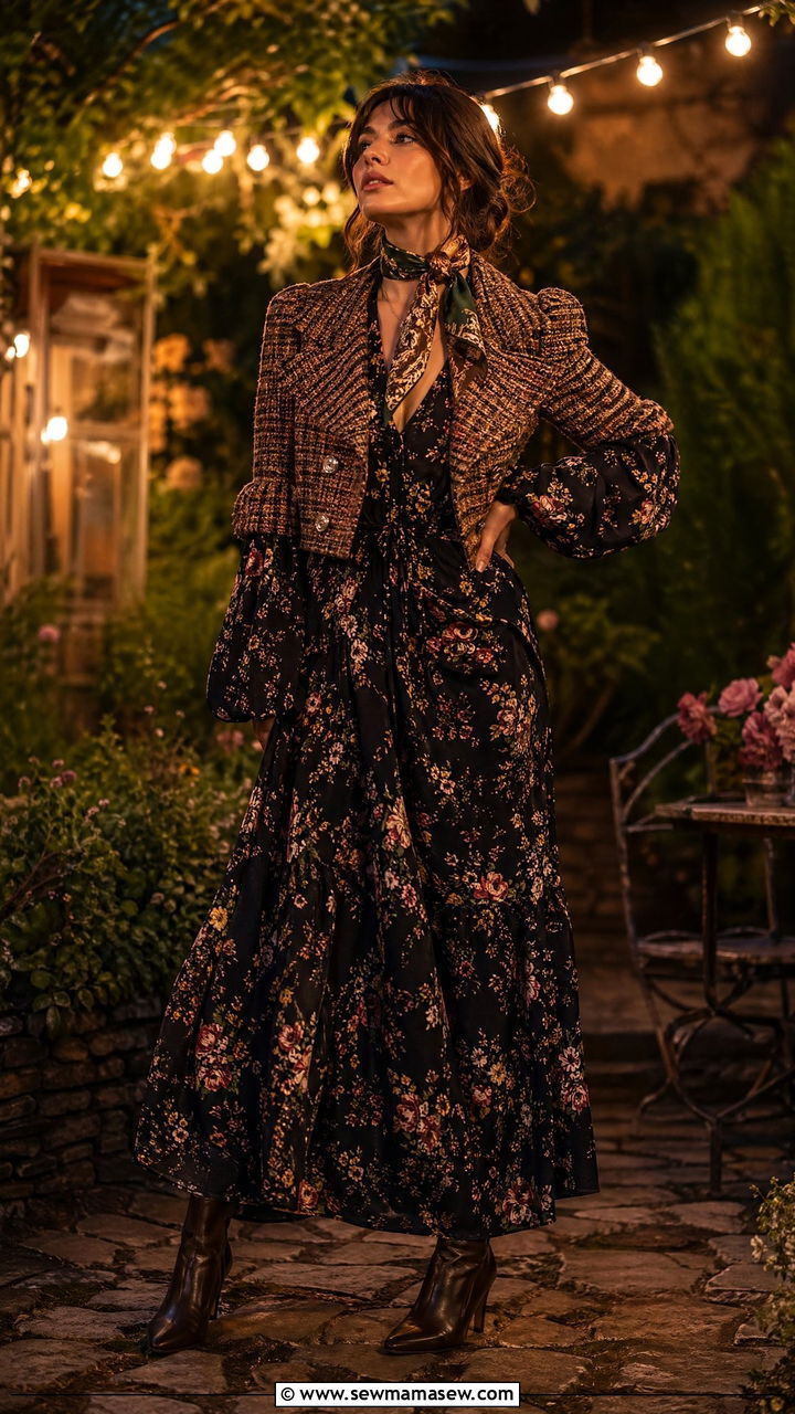 Dark Floral Maxi Dress With Tweed Jacket - 35 cottagecore outfits for women