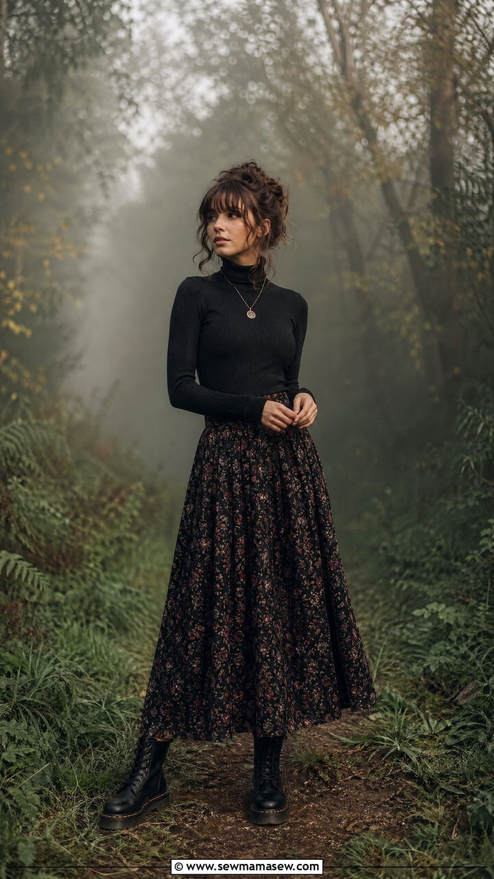 Dark Floral Maxi Skirt With Black Turtleneck And Dr Martens - 35 Cottagecore outfit ideas