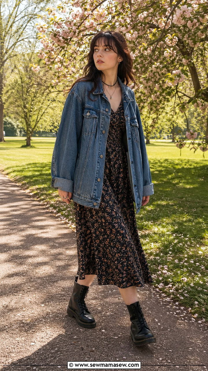 Dark Floral Midi Dress And Denim Jacket With Doc Martens - 30 spring grunge outfit ideas