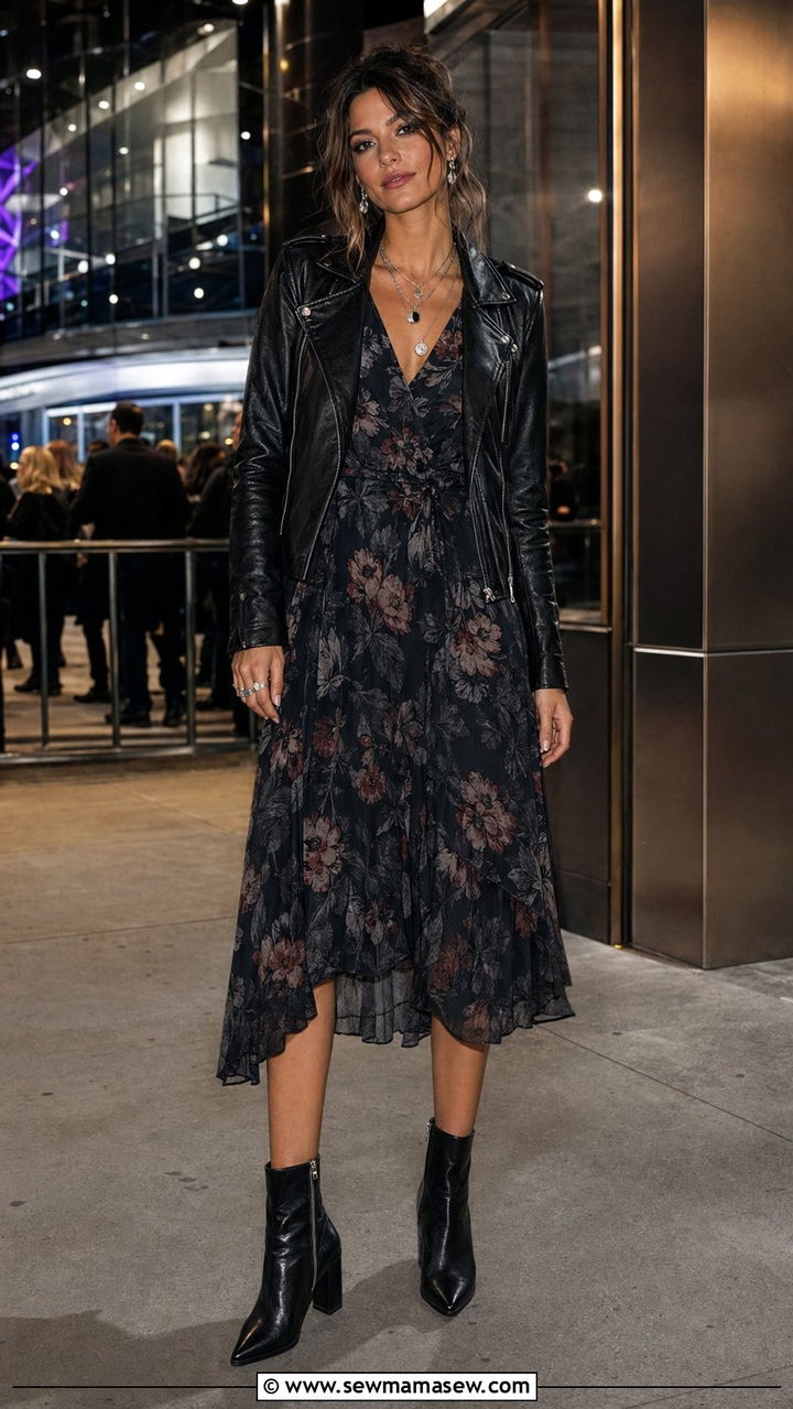 Dark Floral Midi Dress With Ankle Boots - 35 Romantic outfit ideas