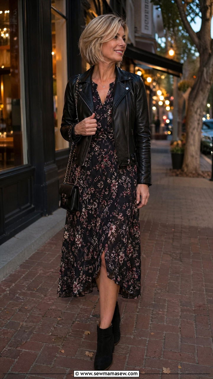 Dark Floral Midi Dress With Leather Moto Jacket And Ankle Boots - 35 Classy outfits for women over 50