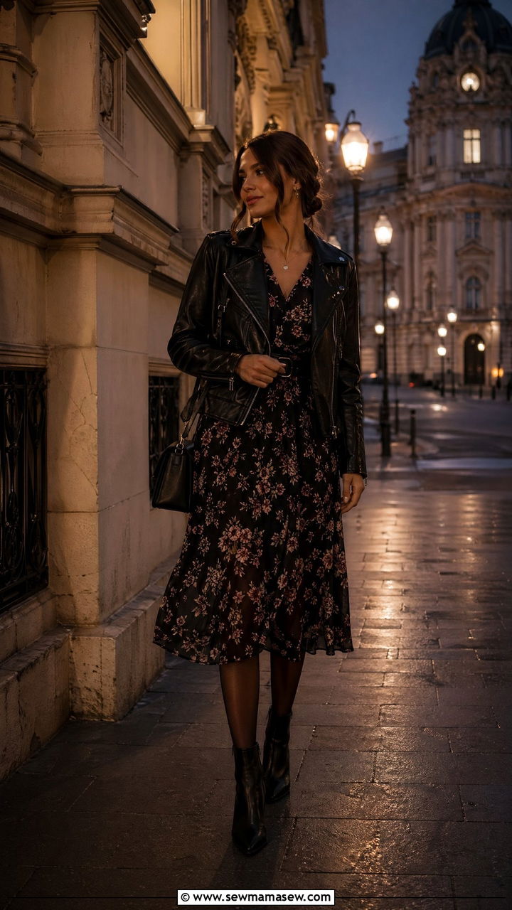 Dark Floral Midi Dress With Moto Leather Jacket And Boots - 35 Vienna outfit ideas