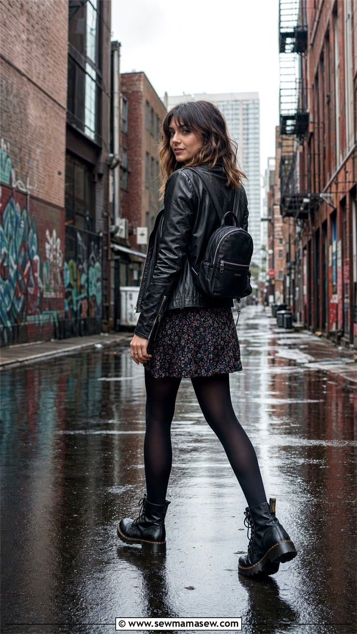 Dark Floral Mini Dress with Combat Boots and Leather Jacket - 35 Rainy summer outfits