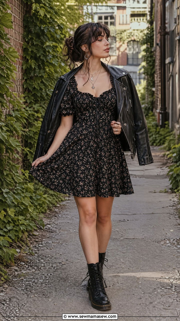Dark Floral Skater Dress With Combat Boots - 35 cottagecore outfits for women