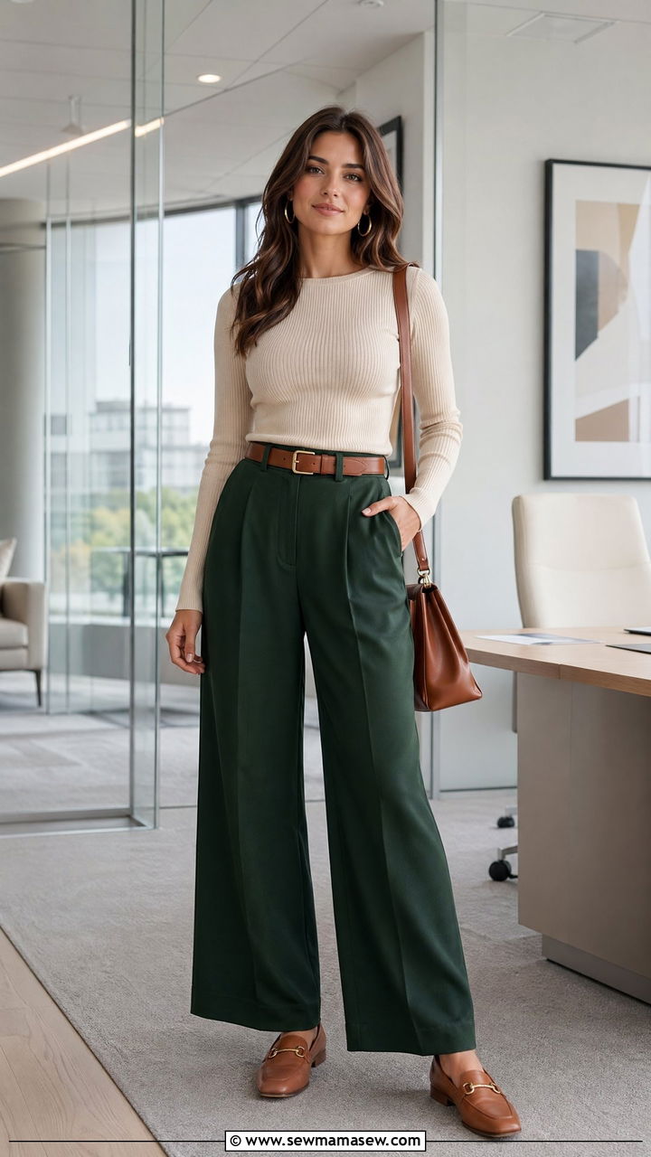 Dark Green Flowy Trousers with Neutral Knit Top - 35 cute business casual outfits