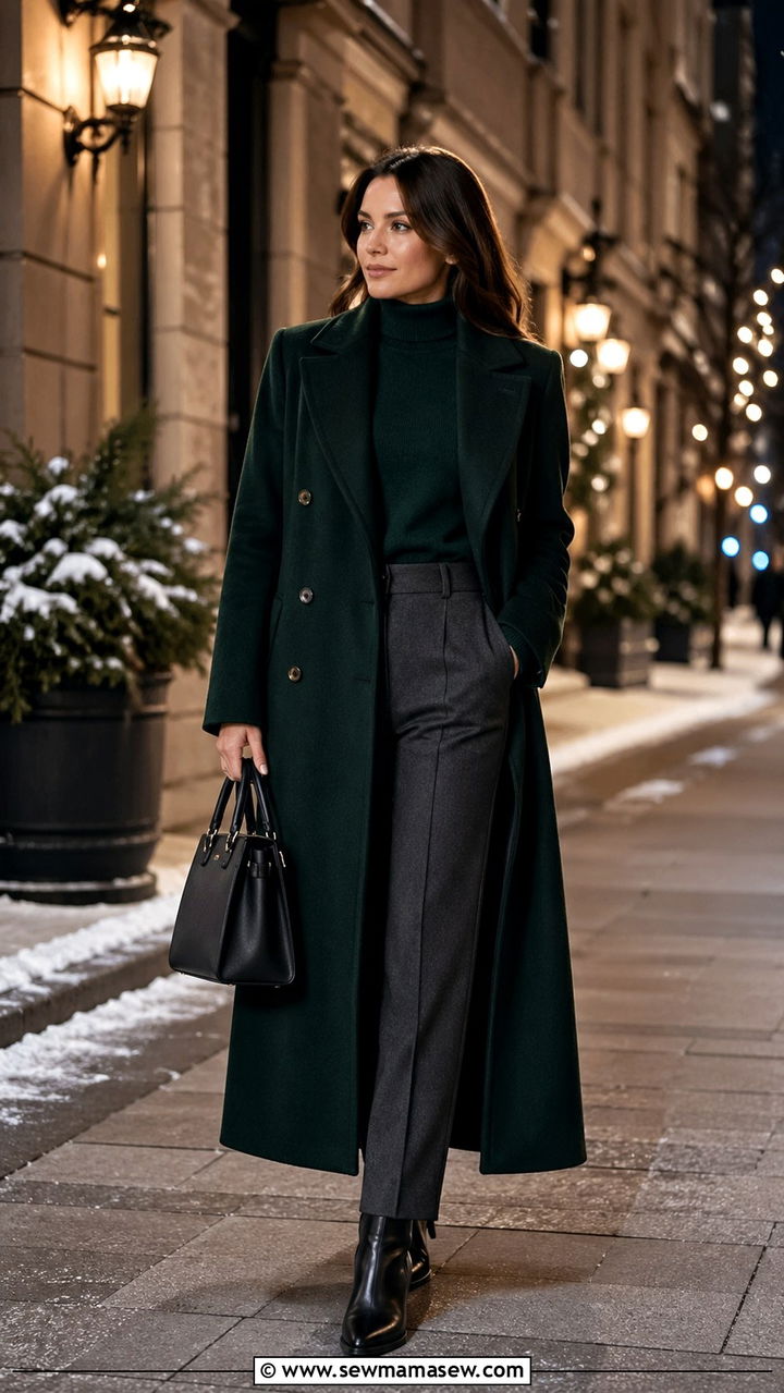 Dark Green Wool Coat And Cashmere Turtleneck - 40 All green outfit ideas