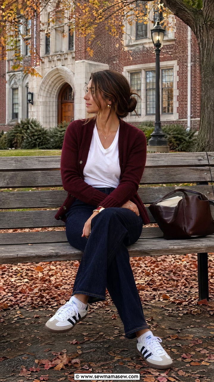 Dark Navy Jeans With White Top And Burgundy Cardigan - 35 College professor outfit ideas