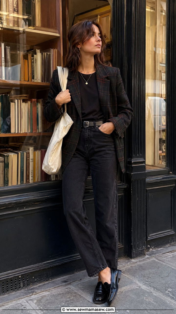 Dark Plaid Blazer Outfit With Black Denim And Loafers - 35 Dark academia outfit ideas