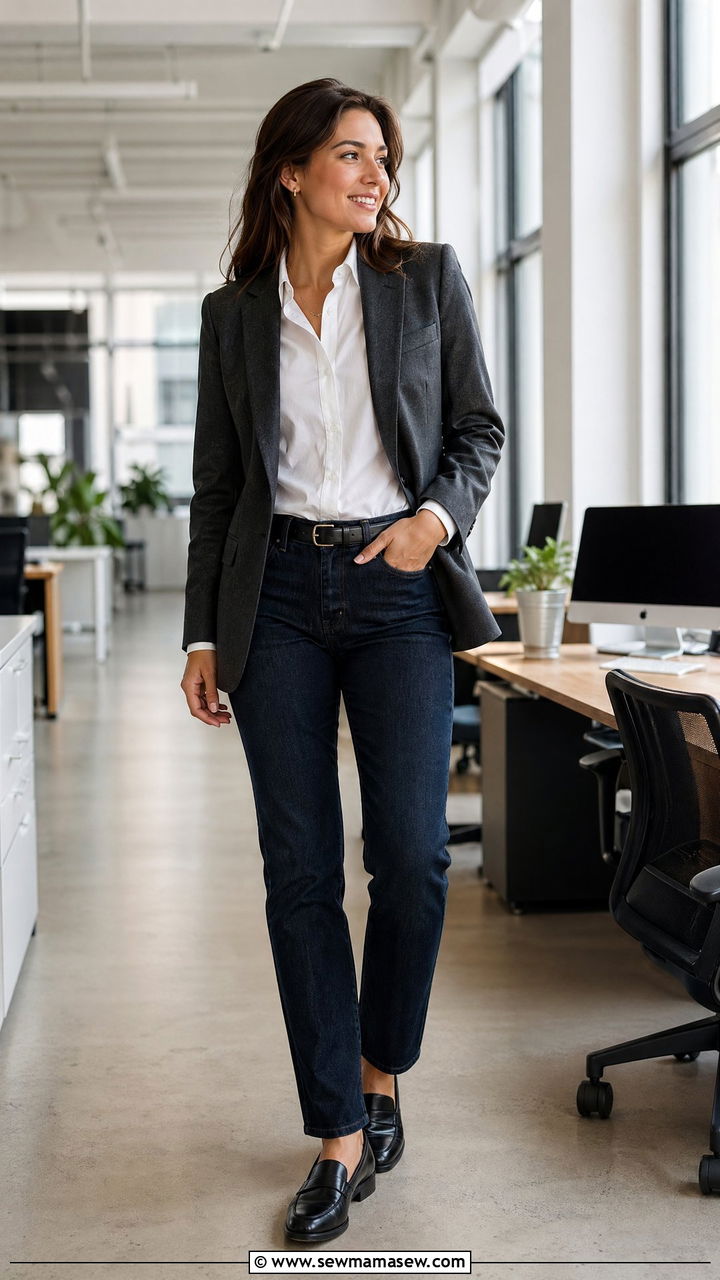 Dark Straight Leg Jeans With A Structured Blazer - 35 Classic business casual outfits