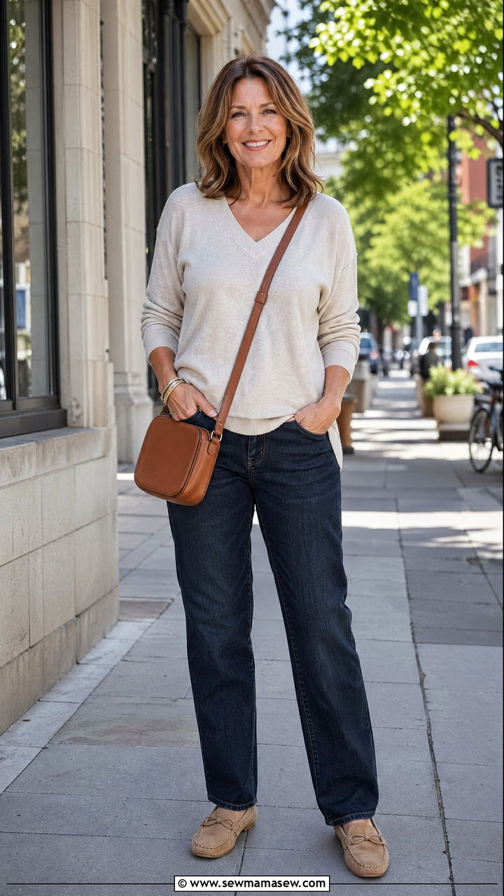 Dark Straight Leg Jeans With A V Neck Sweater Outfit For Women Over 50 - 35 Casual outfits for women over 50