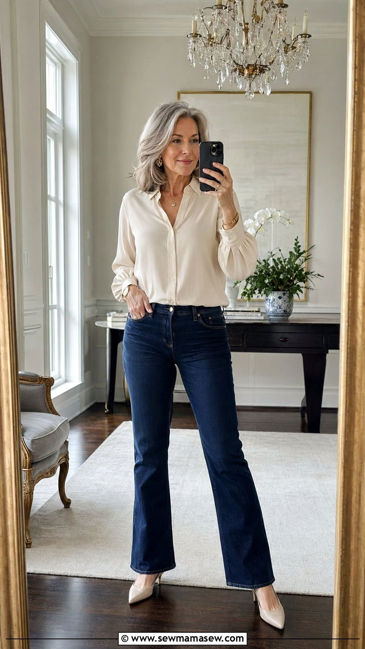 Dark Wash Bootcut Jeans With Silk Blouse - 30 Best jeans for women over 60