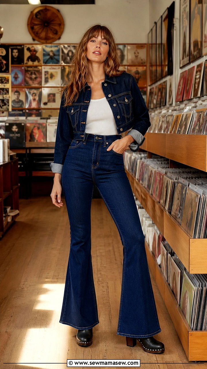Dark Wash Denim Cropped Jacket With High Waist Flares - 40 All denim blue outfit ideas