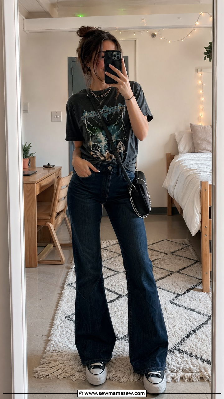Dark Wash Flared Jeans With Vintage Band Tee - 35 college outfits 2026