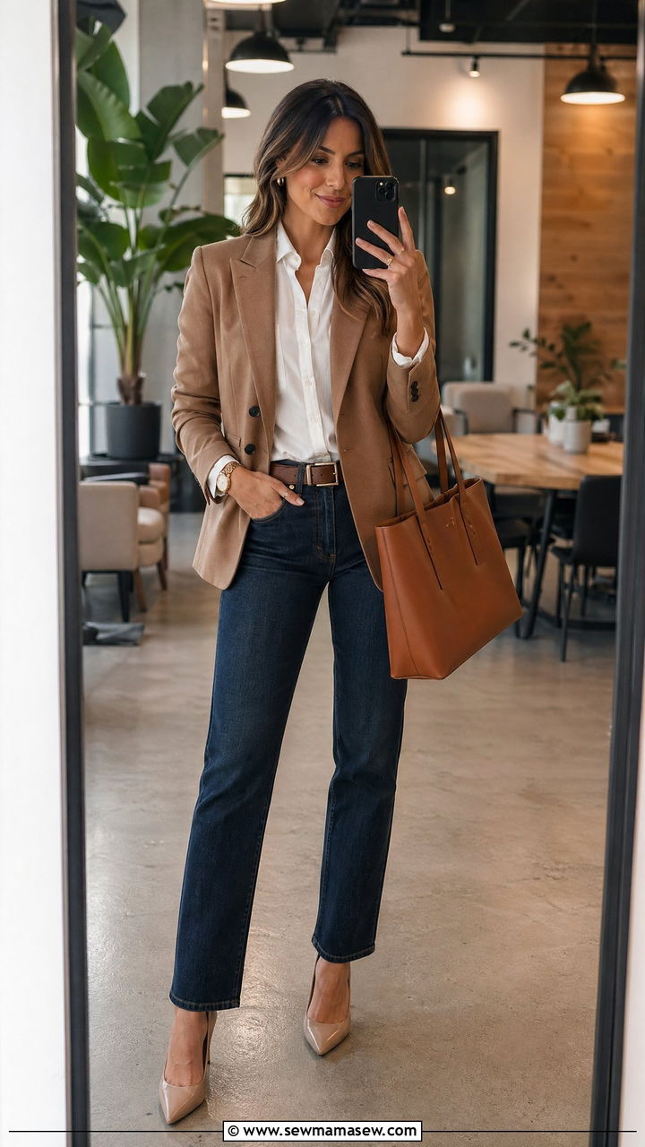 Dark Wash Jeans With Blazer And Pointed Heels - 35 Work conference outfit ideas
