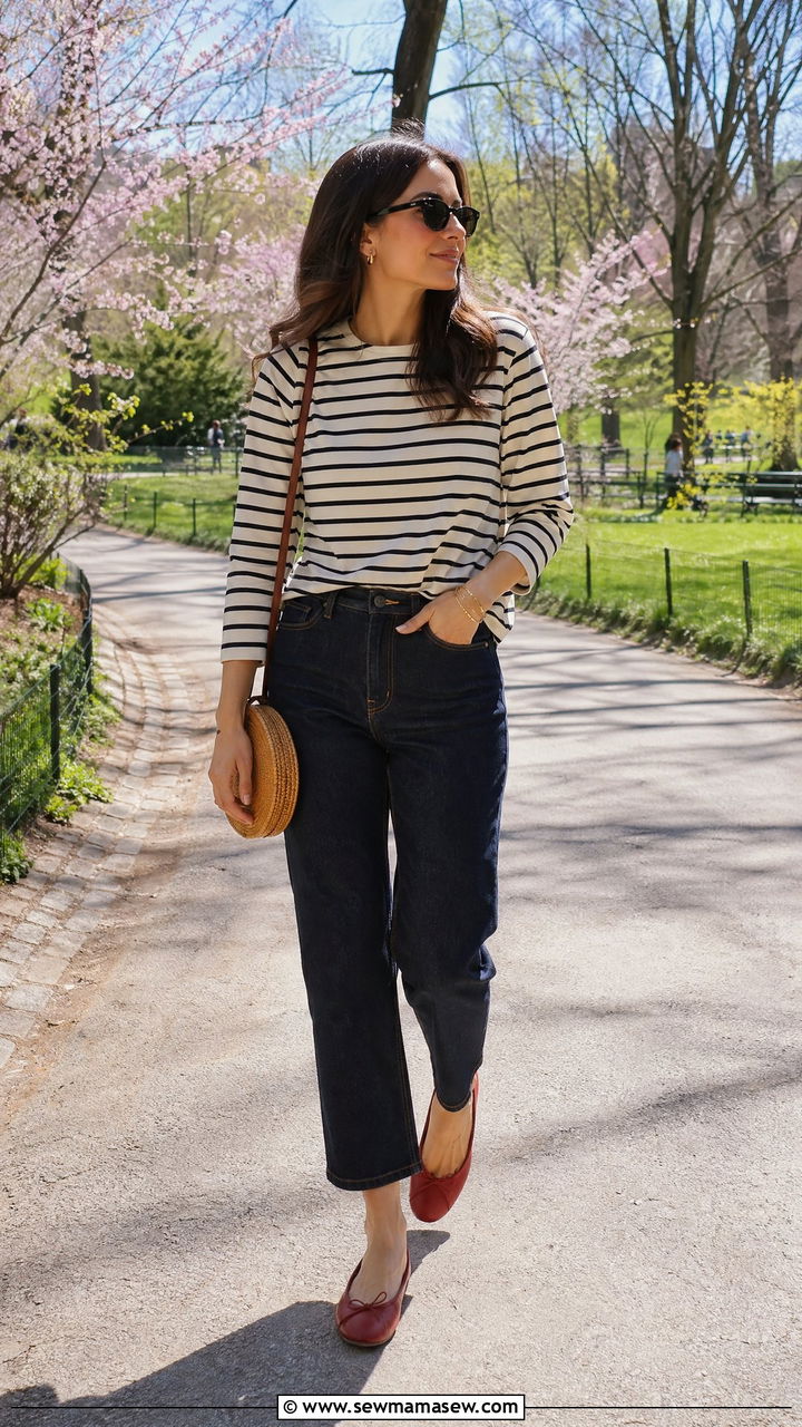 Dark Wash Jeans With Breton Stripe Top And Red Flats - 35 Dark wash jeans outfit ideas