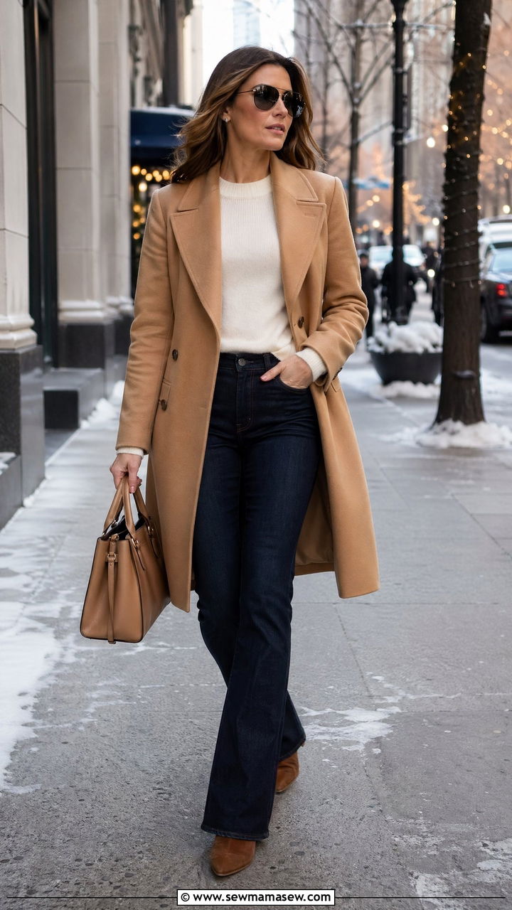 Dark Wash Jeans With Camel Coat - 35 Dark wash jeans outfit ideas
