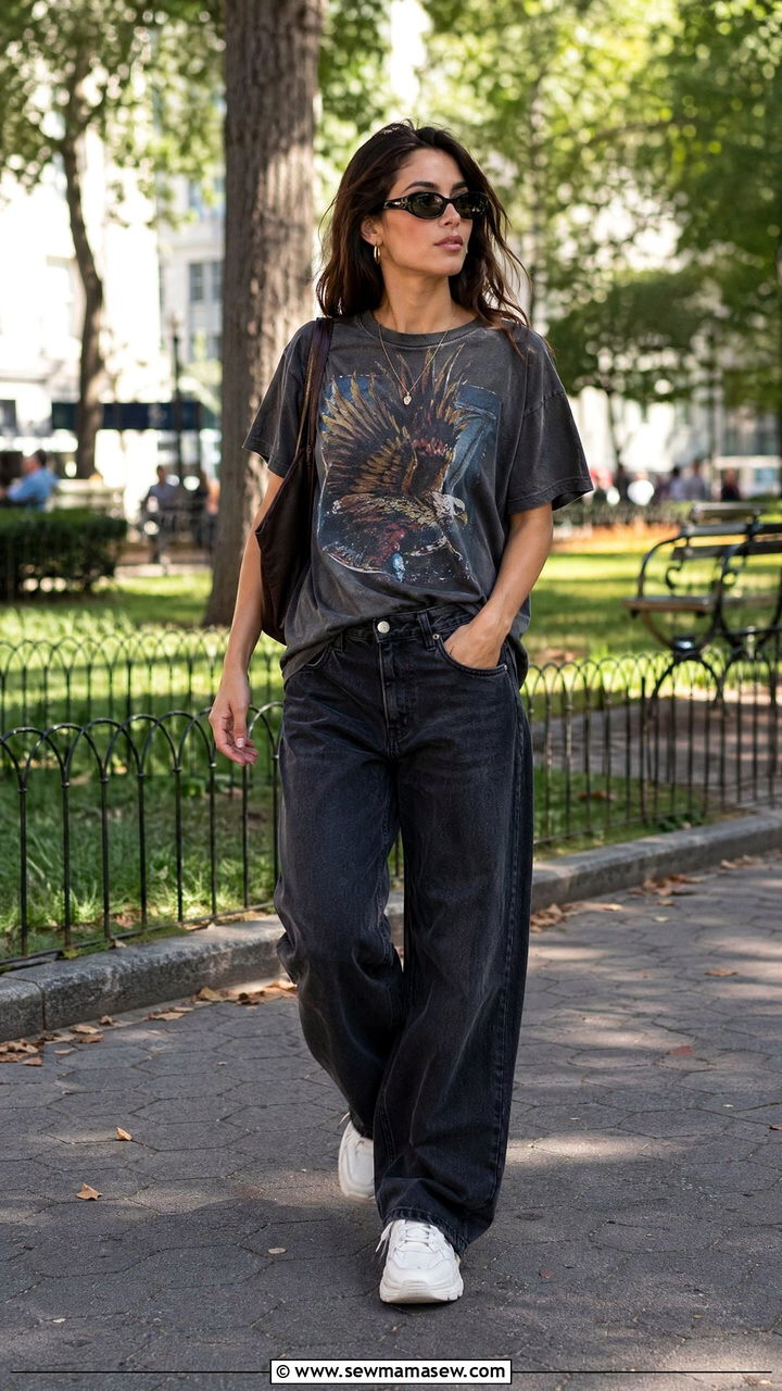 Dark Wash Jeans With Graphic Tee And Sneakers - 35 Dark wash jeans outfit ideas