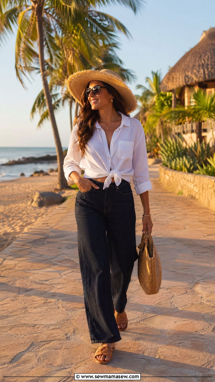 Dark Wash Jeans With Linen Button Down - 35 Dark wash jeans outfit ideas