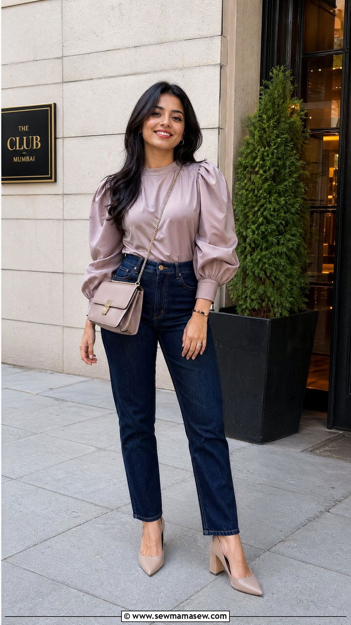 Dark Wash Jeans With Statement Blouse Outfit - 35 College reunion outfit ideas