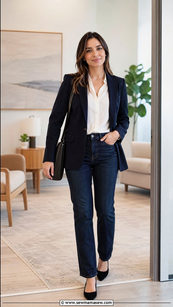 Dark Wash Jeans With Structured Blazer And Smart Top - 35 Counselor outfit ideas