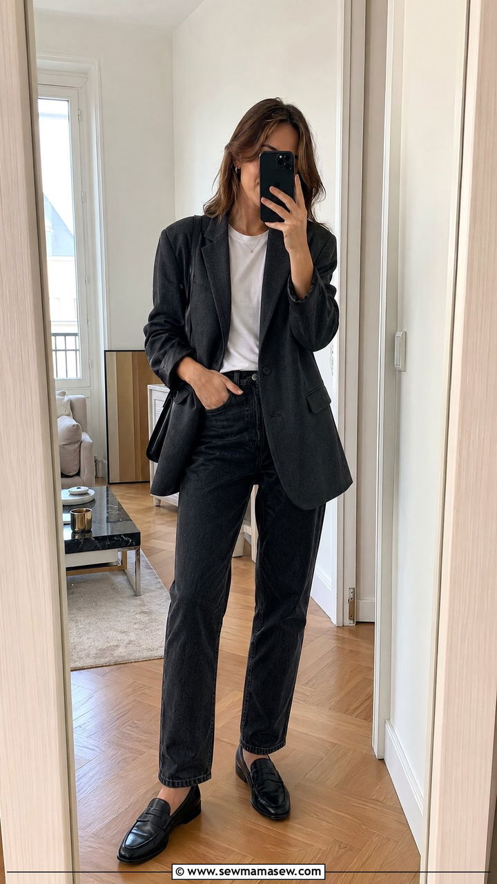 Dark Wash Jeans With an Oversized Blazer and Loafers - 35 transitional outfit ideas for women