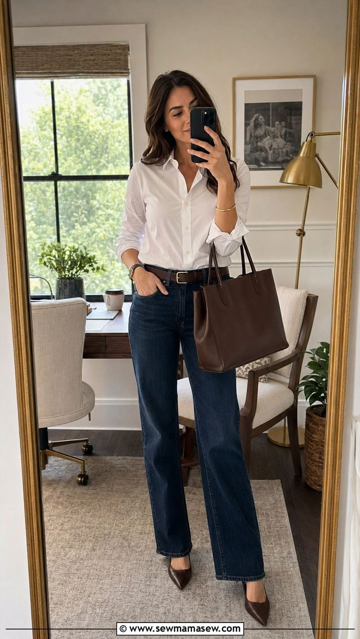 Dark Wash Jeans with Crisp White Button Down - 30 work outfits ideas