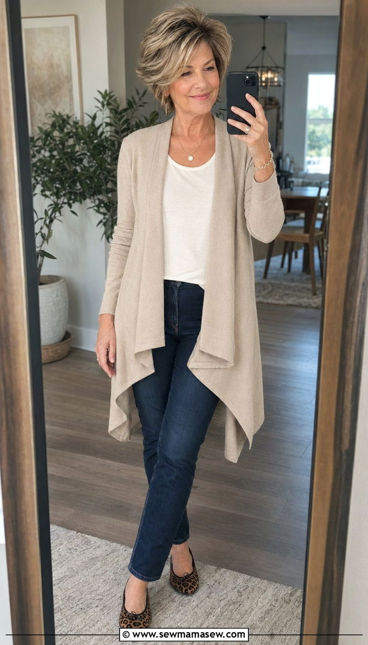 Dark Wash Slim Jeans With Long Cardigan And Leopard Flats - 30 Best jeans for women over 50