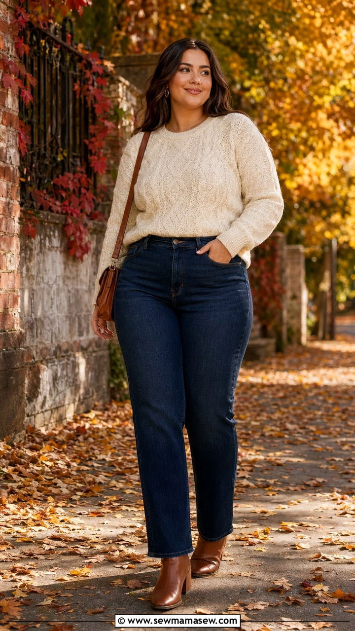Dark Wash Straight Jeans With Cream Sweater - 30 Best pants for curvy women
