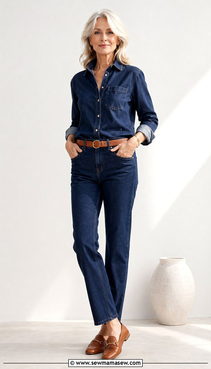 Dark Wash Straight Leg Jeans With Denim Shirt And Loafers - 30 Best jeans for women over 50