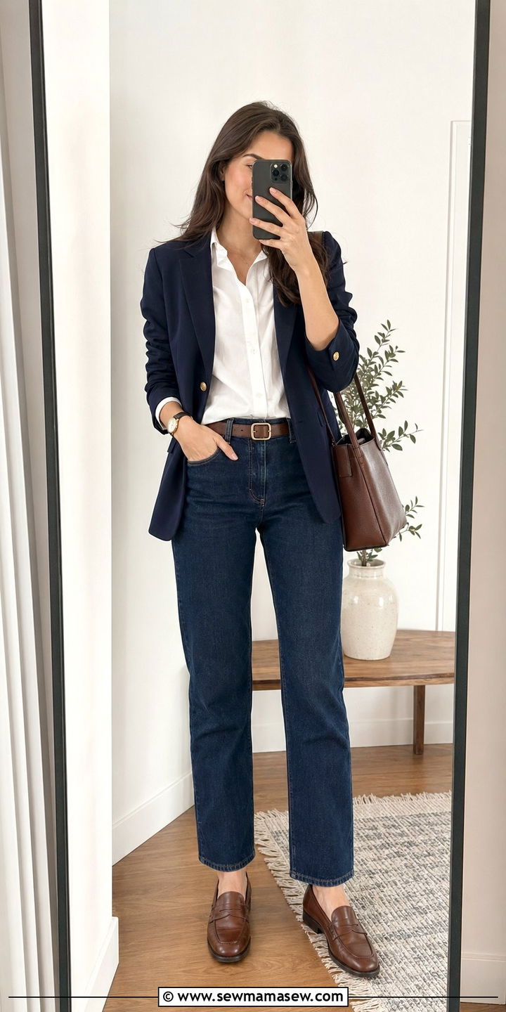 Dark Wash Straight Leg Jeans With Navy Blazer and Loafers - 35 Old money outfit ideas for women over 50
