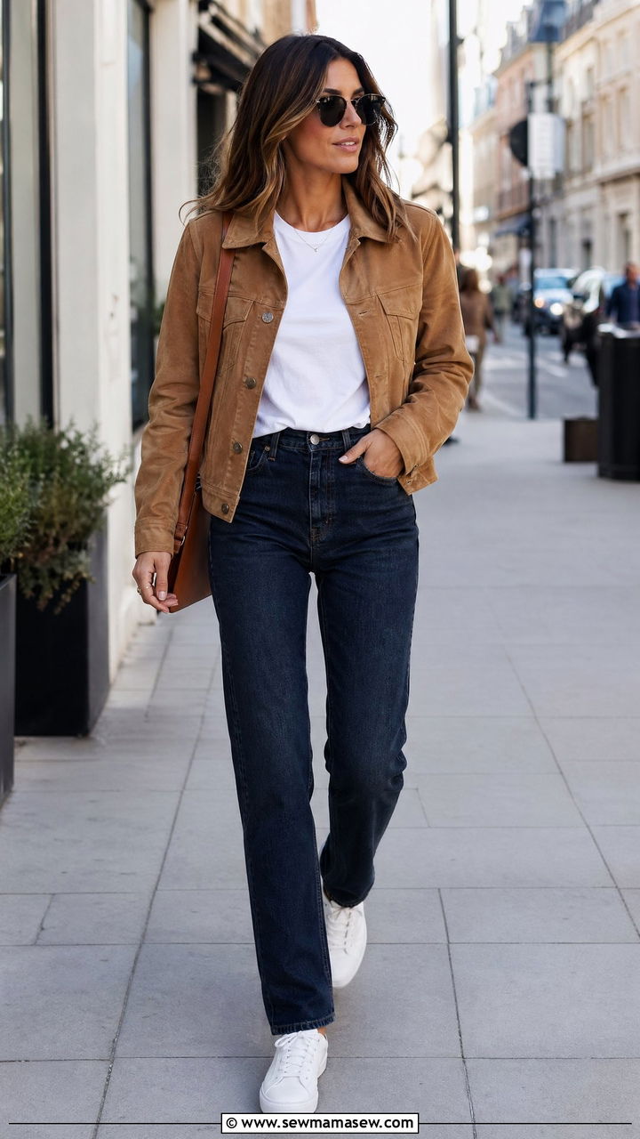 Dark Wash Straight Leg Jeans With a White Tee and a Suede Jacket - 35 Summer to fall transition outfits