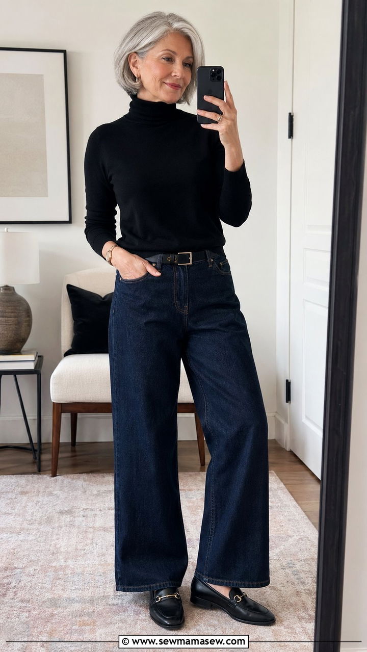 Dark Wash Wide Leg Jeans With Black Turtleneck And Loafers - 30 Best jeans for women over 60