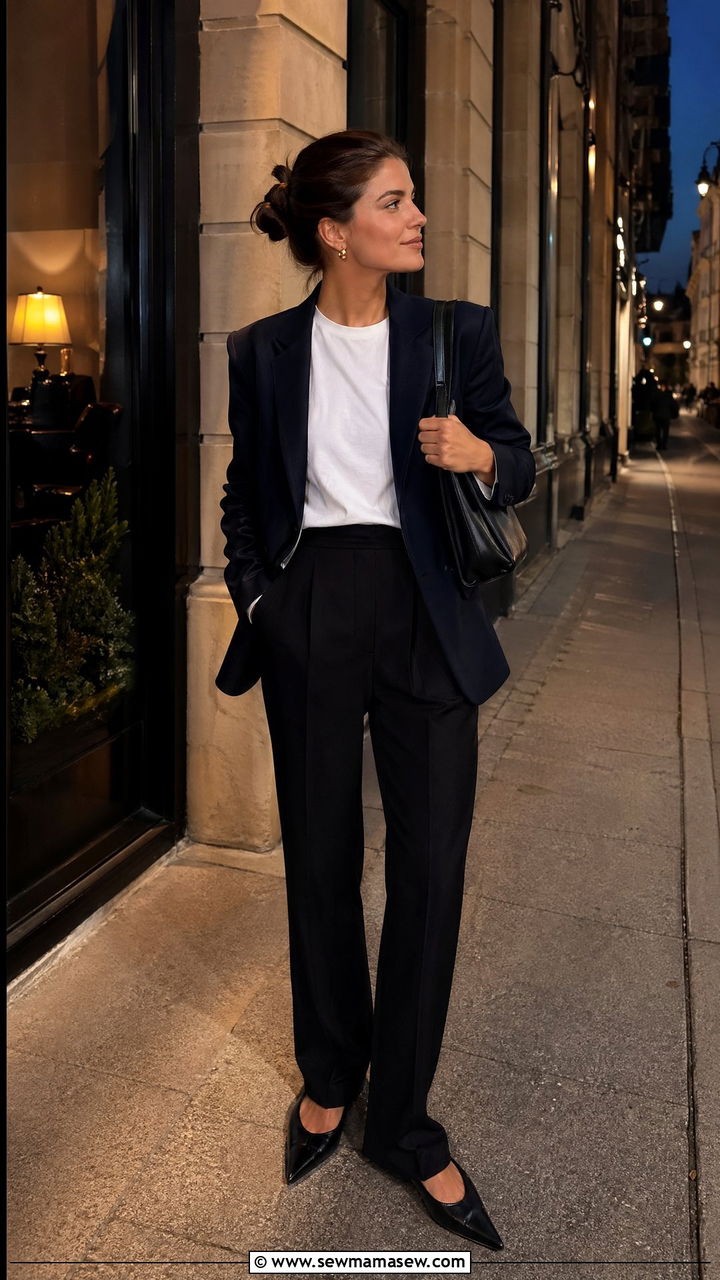 Dark blazer with white tee and black trousers - 35 casual old money outfits