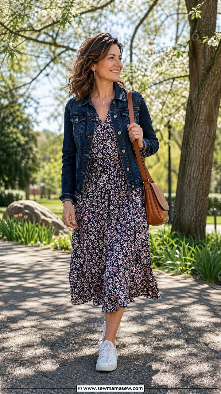 Dark denim jacket over a floral midi dress - 35 Classy outfit ideas for women over 40