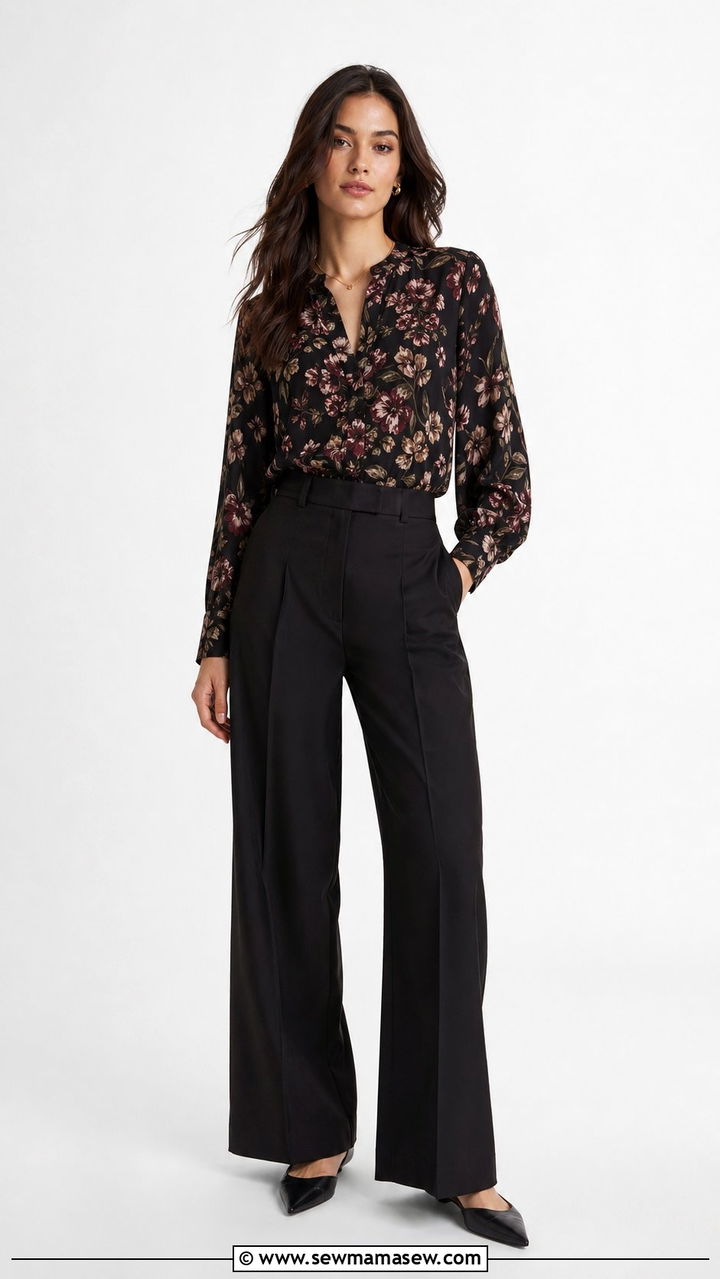 Dark floral blouse and wide leg trousers - 35 Moody spring outfit ideas