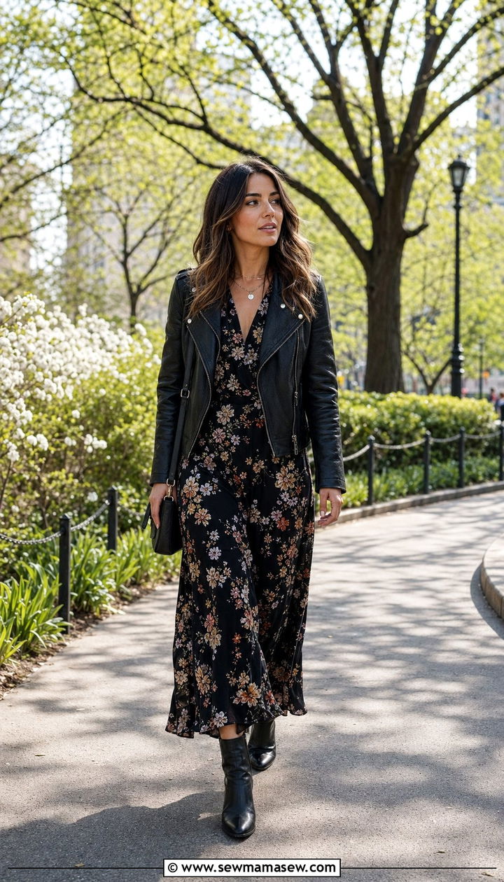Dark floral maxi dress with leather jacket - 35 Moody spring outfit ideas