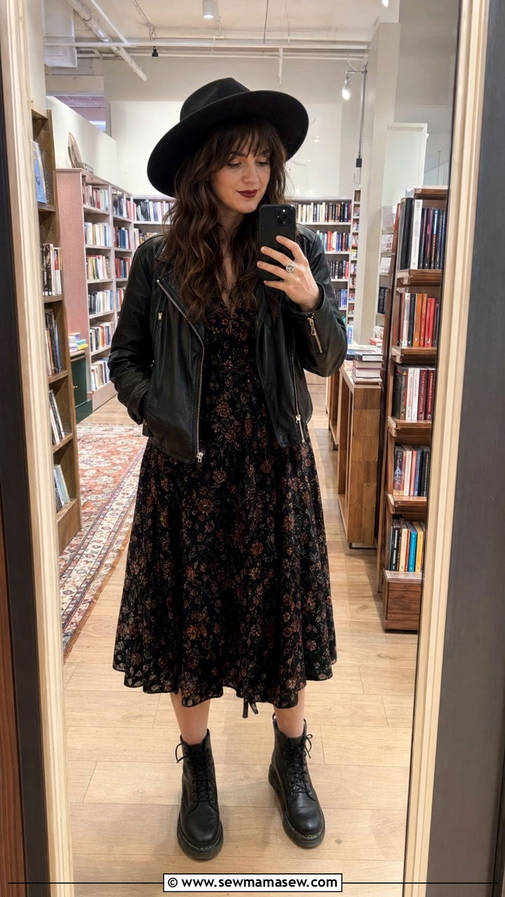 Dark floral midi dress with a leather jacket and combat boots - 30 Whimsigoth outfit ideas