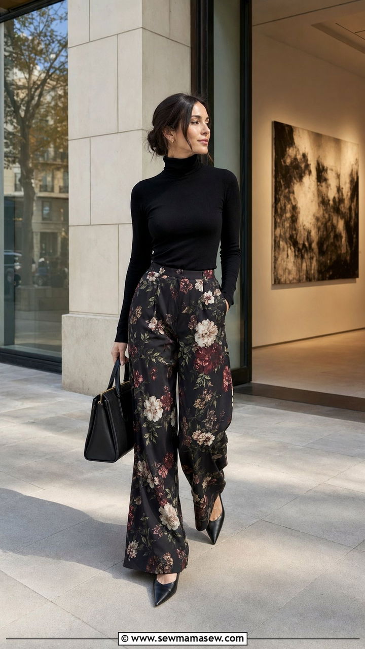 Dark floral trousers and slim black turtleneck - 35 Moody spring outfit ideas