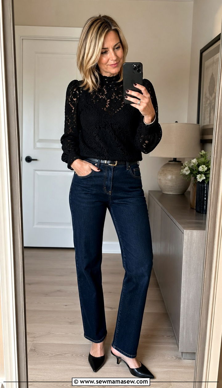 Dark jeans and statement top going out outfit for women over 40 - 35 Going out outfit ideas women over 40