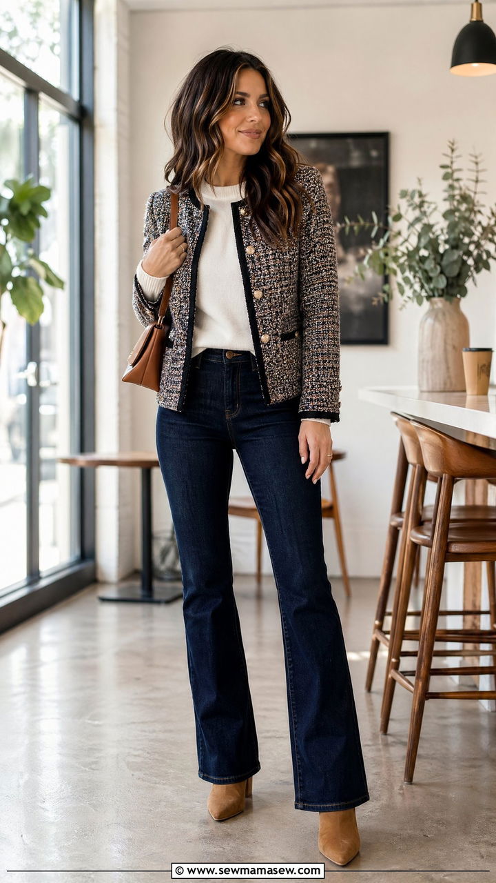 Dark rinse bootcut jeans with a tweed jacket - 35 what to wear to a job interview