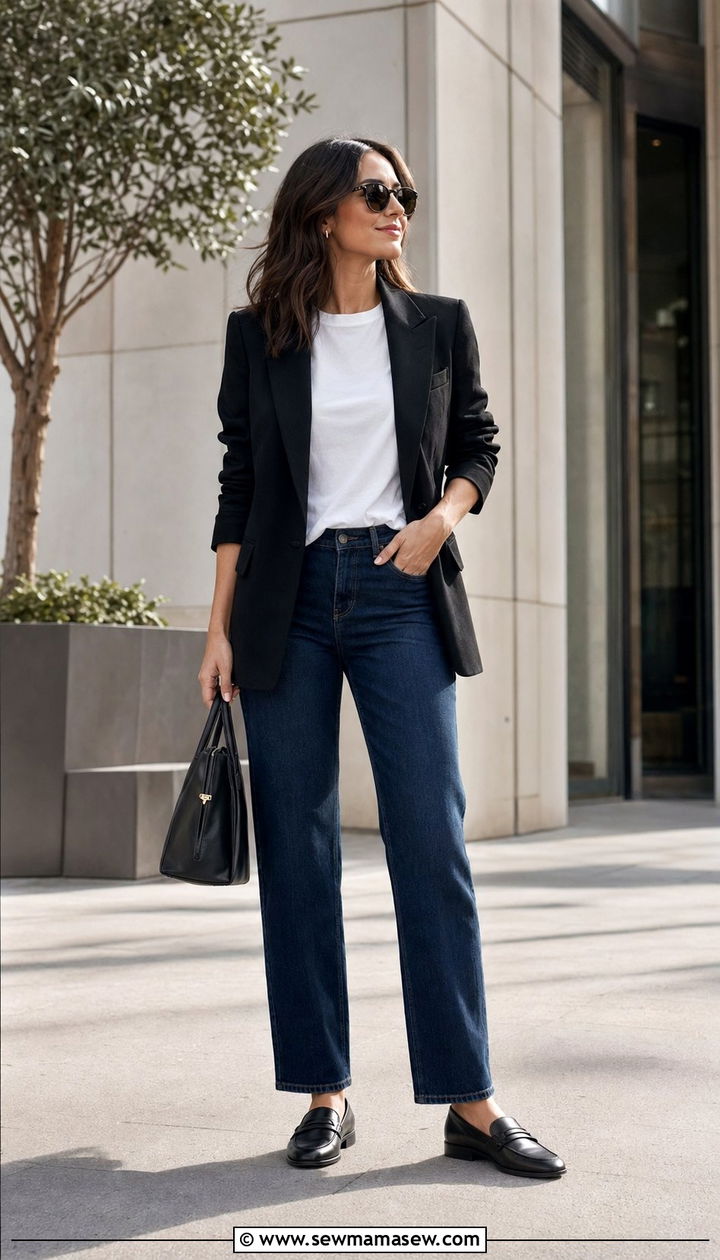 Dark wash jeans and black blazer - 35 Moody spring outfit ideas