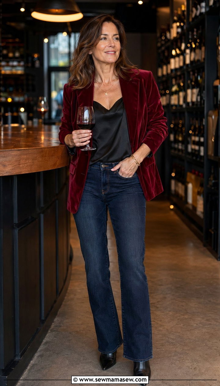 Dark wash jeans with velvet blazer dinner outfit over 40 - 35 Night out outfit ideas women over 40
