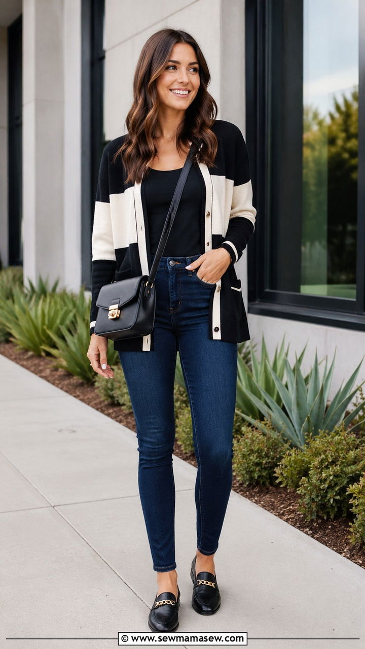 Dark wash skinny jeans with a color block cardigan and loafers - 30 Skinny jeans outfit ideas with a cardigan