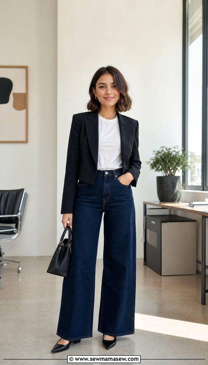 Dark wide leg jeans with a tailored blazer - 30 work outfits for short women