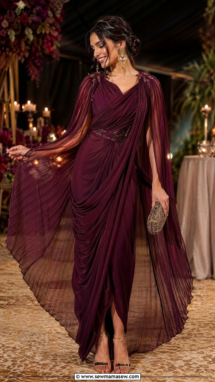 Deep Plum Draped Ensemble with Sheer Statement Cape - 35 chic wedding guest outfits for women