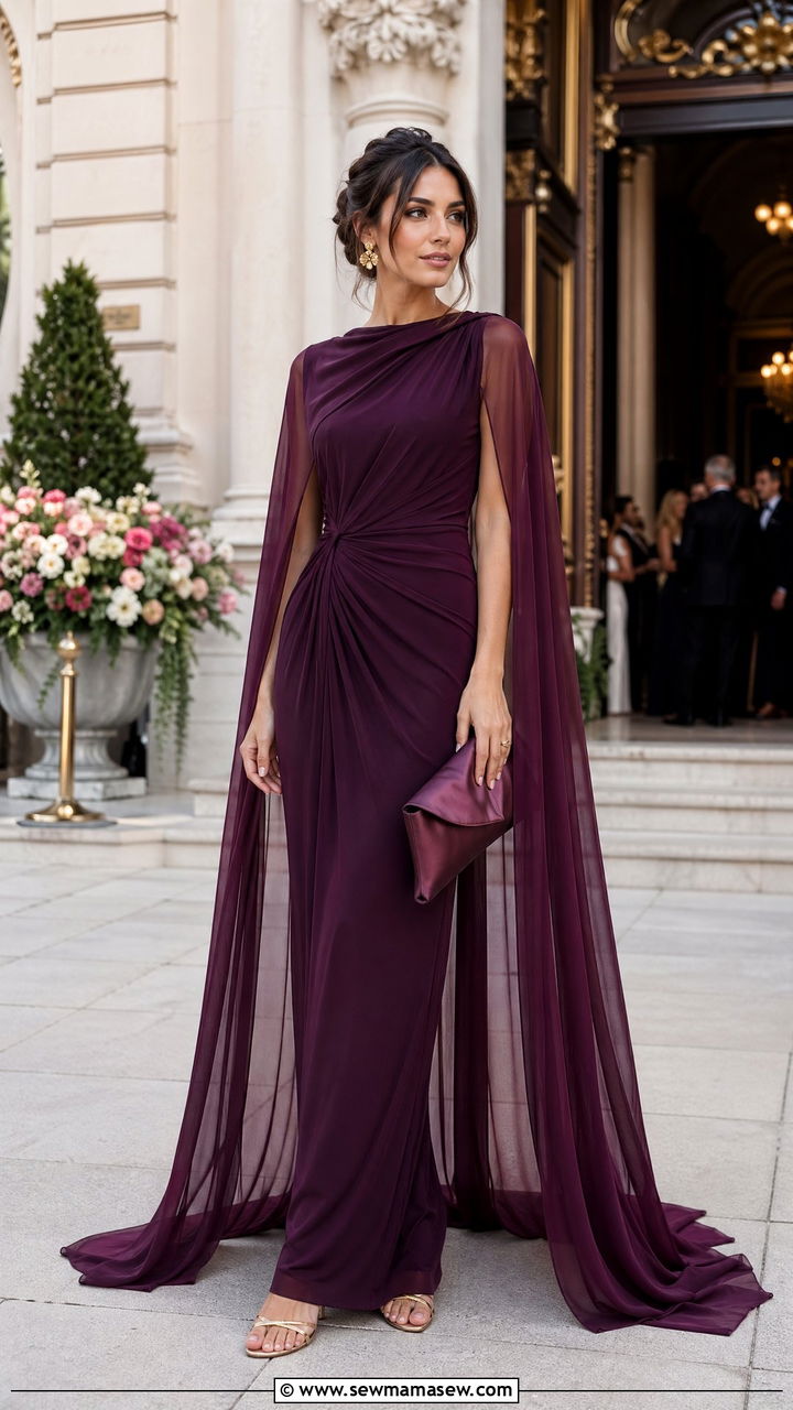 Deep Plum Draped Maxi Dress with Sheer Cape - 35 spring wedding guest outfit ideas for women