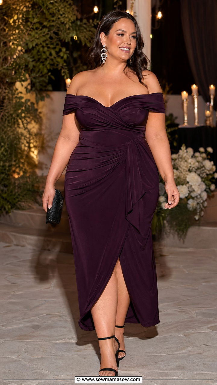 Deep Plum Off Shoulder Plus Size Wedding Guest Dress - 35 wedding guest outfits for plus size women