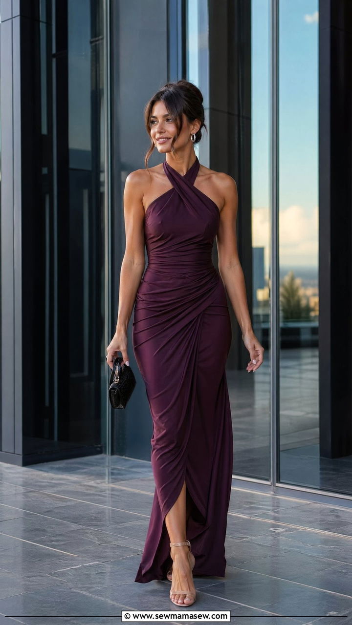 Deep Plum Ruched Halter Gown for Evening Wedding - 35 chic wedding guest outfits for women
