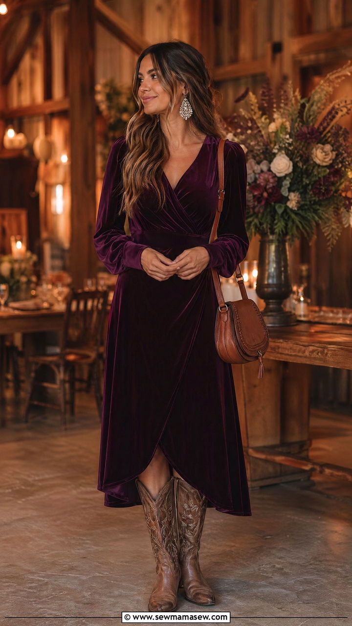Deep Plum Velvet Midi with Western Boots - 35 Countryside wedding guest outfit ideas