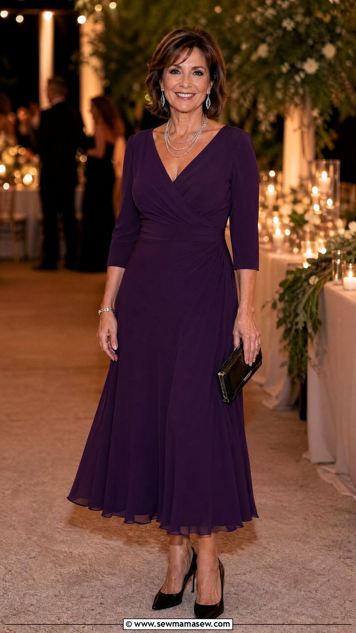 Deep Purple A Line Dress with Silver Jewelry - 35 Wedding guest outfits for women over 50